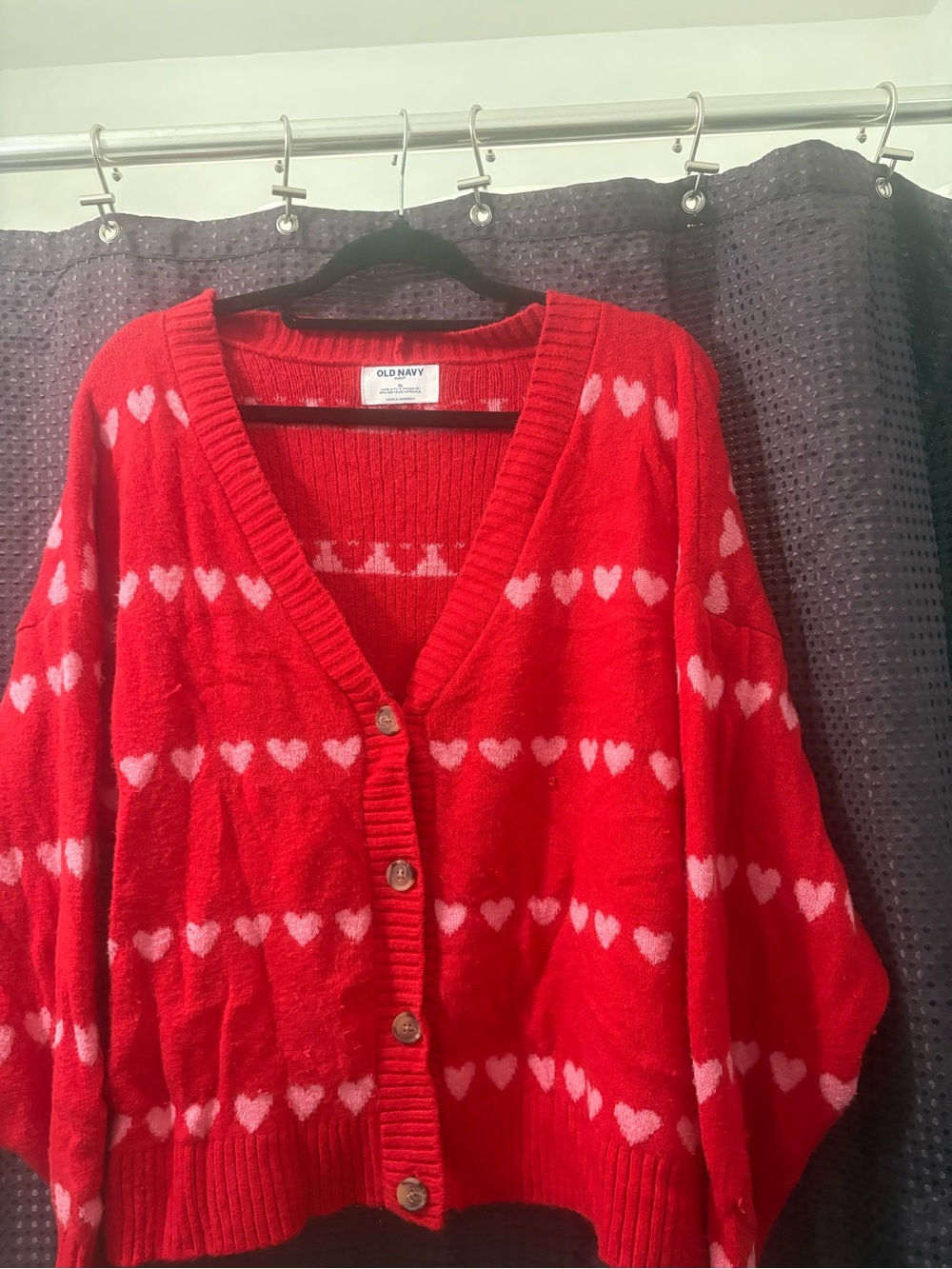 Old Navy Red Cardigan with Pink Heart Pattern